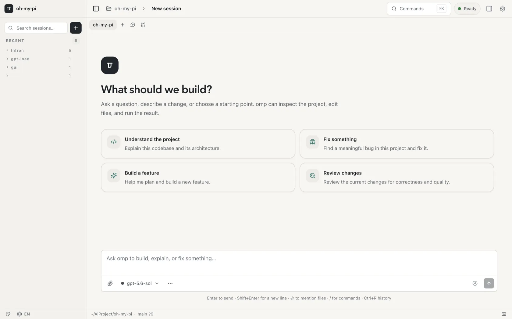 omp GUI — warm paper canvas with a unified teal accent family