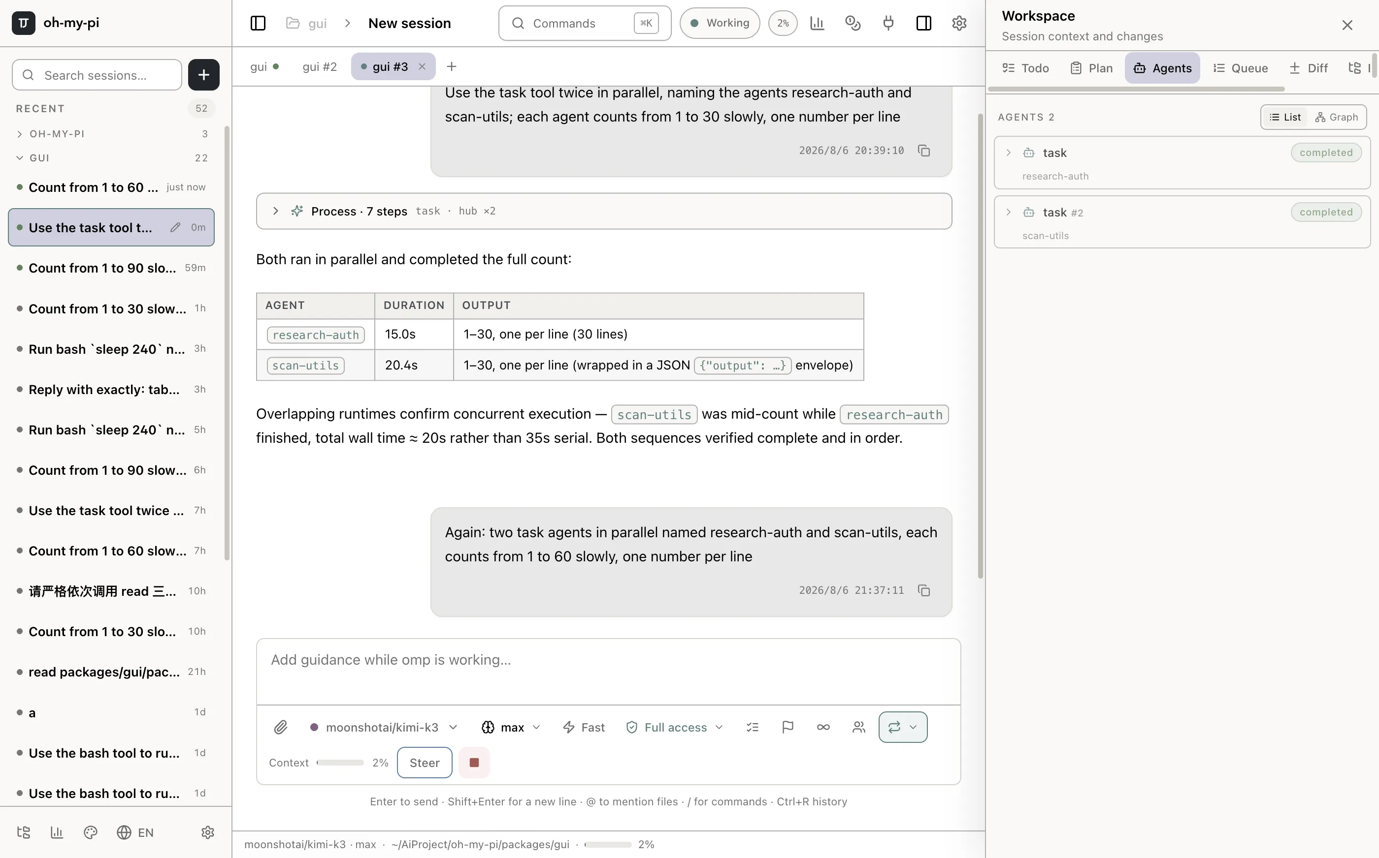 Three session tabs running in parallel